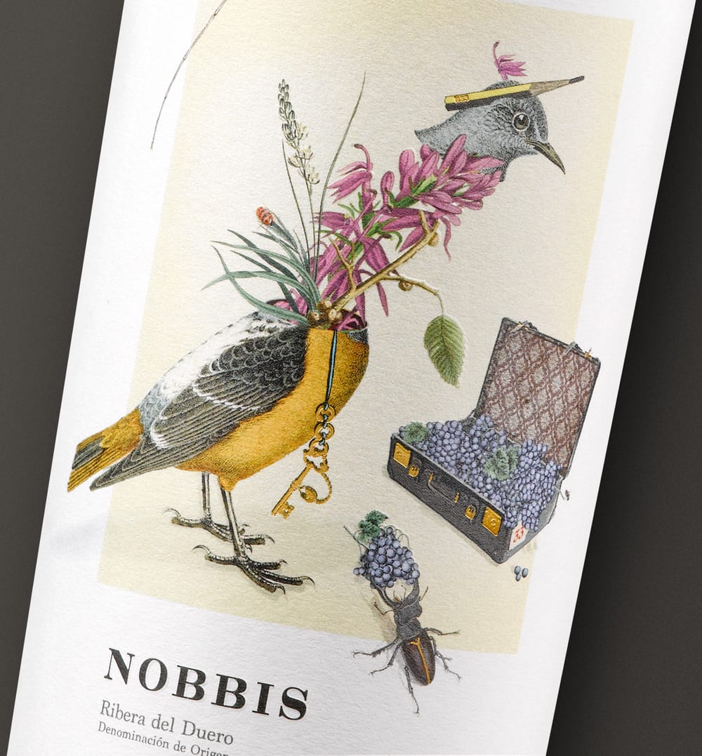 Etiqueta de Nobbis: el pájaro, el escarabajo y la maleta llena de uva