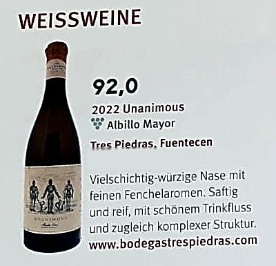 Note for Unanimous 2022, Albillo Mayor, in Wein+Markt, September 2026: 92 points
